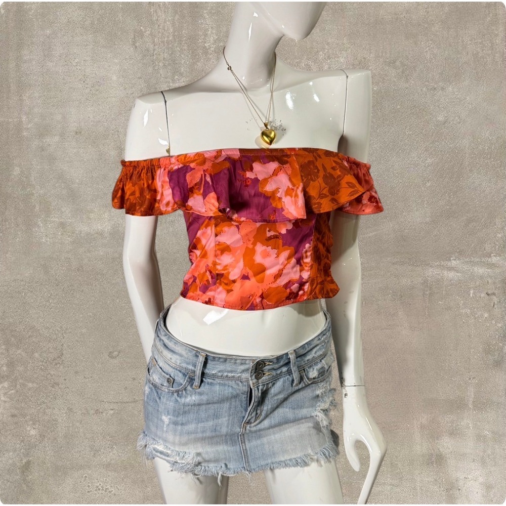 Free People Floral Off Shoulder Crop Top Orange Small Ruffle Boho Festival